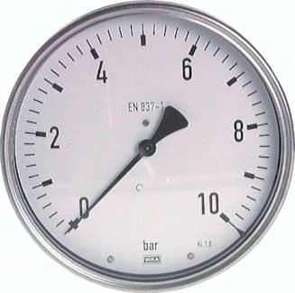 Manometer waagerecht Ø 160 mm Chromnickelstahl/Messing, Robust, Klasse 1.0