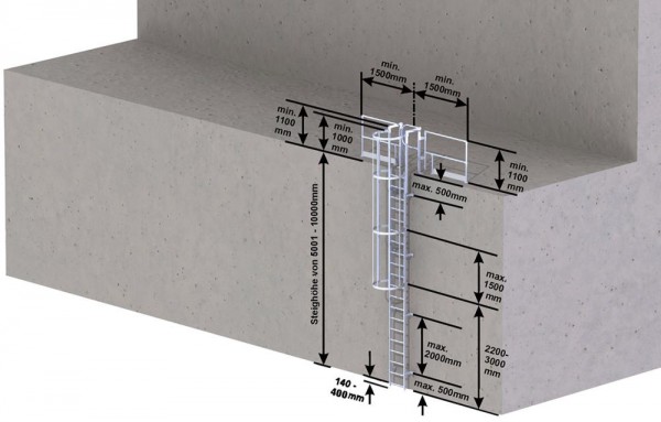 Einzügige Seilleiter mit Rückenschutz (bis maximale Steighöhe 10 m), Aluminium blank